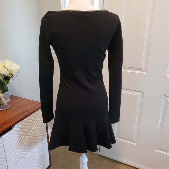 RACHEL Zoe Dropped Waist Dress Womens XS‎ Black Zippered Boat Neck Ruffle Hem - Picture 3 of 14